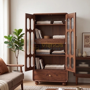 Vintage Walnut Wood Wardrobe with Arched Glass Panel Doors and Drawer Elegant Bedroom Storage <b>Cabinet</b> with <b>Retro</b> Modern Designs - Product Image 6