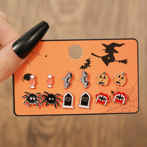Halloween Mini Stud <b>Earrings</b> Cartoon Pumpkin Skull Spider Set Party Fashion Jewelry Zinc Alloy Stainless Steel <b>Posts</b> - Product Image 4