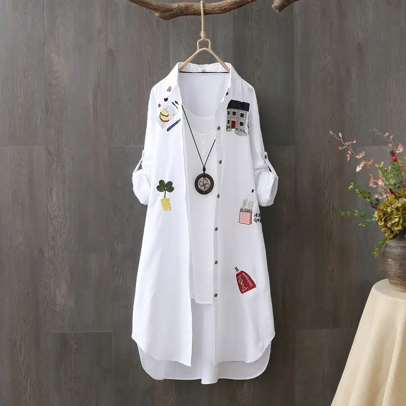 Blusa Kemeja Panjang Longgar Musim Gugur Wanita, Kemeja Katun Bordir Rumah Lengan Panjang Ukuran Plus M-3XL Putih untuk Wanita
