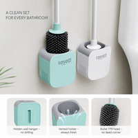 Brosse de toilette murale avec support, tête de brosse en silicone, base ventilée, sans perçage, gain de place