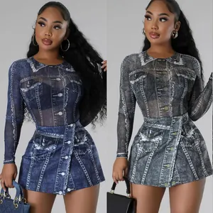 Summer casual mesh stretch two pieces skirt set with long sleeve romper short jumpsuit and short slit skirt