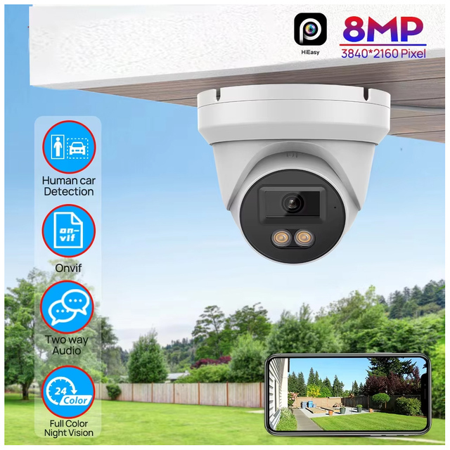 AI 4K 8MP CMOS Sensor IP66 Outdoor POE Camera Audio H.265 Wide Angle 2.8mm Color Night Vision Home Security Metal Dome Camera