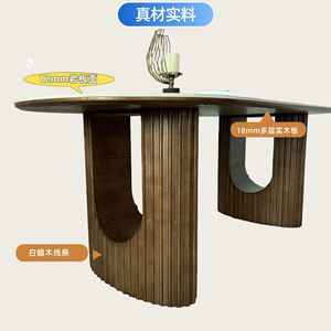 Table à manger ovale en bois avec plateau en marbre, fabriquée à la main pour salle à manger - Product Image 3