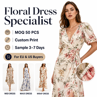 Robe midi florale en viscose, imprimé personnalisé, tailles EU/US XS-3XL, échantillon rapide en 7 jours, qualité AQL 1.25, support du pack technique