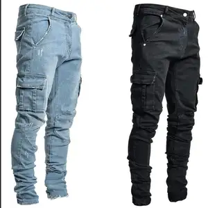 High street popular multi-bolso funcional carga calças casuais homens e mulheres calça cargo mens denim cargo calças jeans
