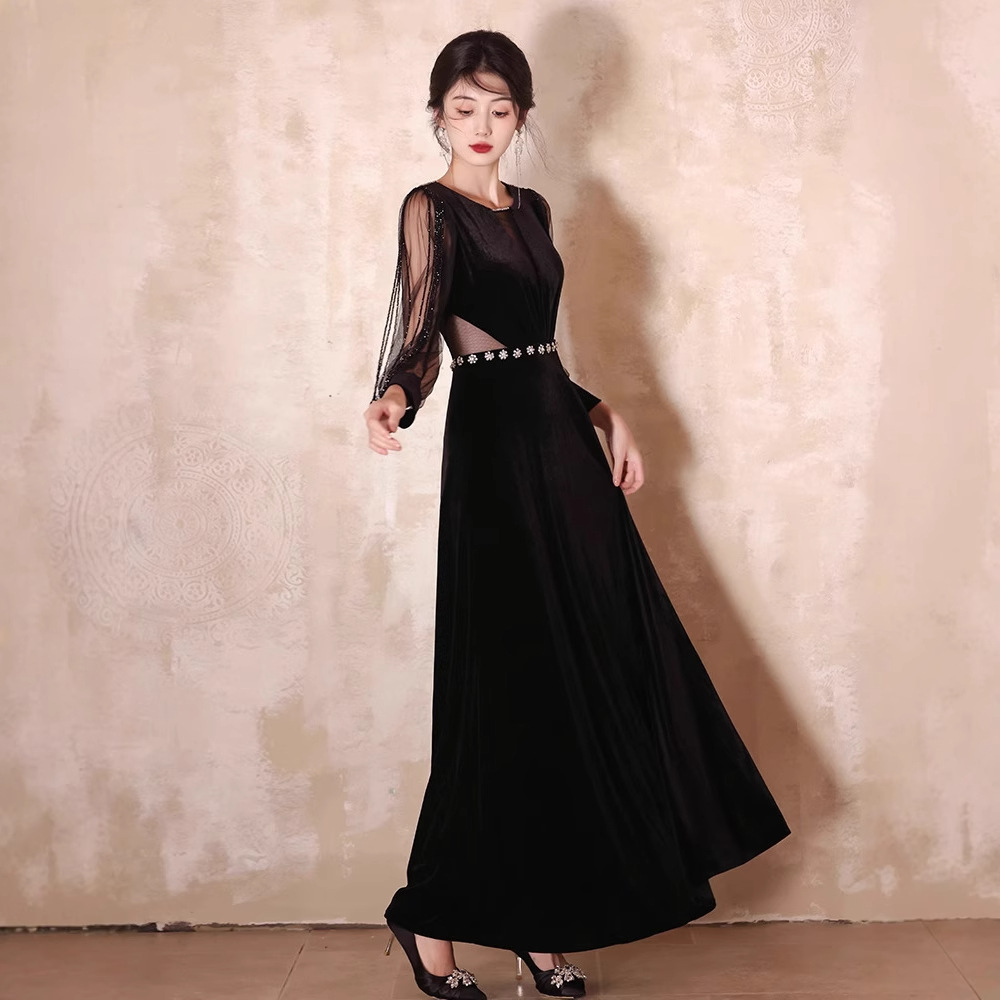 New Temperament Beautiful Velvet Autumn Winter Banquet Host Annual Meeting Black  Evening Dress Women| Alibaba.com