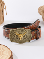 Ceintures en alliage PU gaufré de style vintage pour hommes, personnalisées, pour jeunes et d'âge moyen, avec boucle en forme de tête de taureau SANYICAI 3,8 cm