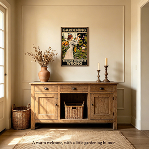 Targa in metallo vintage 'Gardening Because Murder Is Wrong', Placca da parete con citazione divertente 'Lady Flower Garden', Decorazione per giardino e casa - Product Image 2