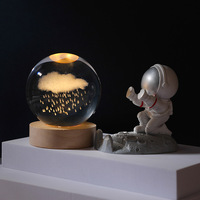 Sphère de verre de 8cm Base en bois 3D Planète Boule de cristal solaire Veilleuse