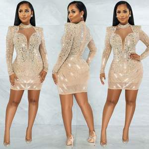 X Stok Glitter Rhinestone Vestido de manga larga Ut Out Mok Nek <span class=keywords><strong>Asual</strong></span> Mini Vestidos cortos Lothing de mujer - Product Image 4