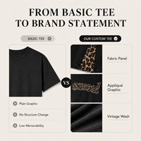T-shirt Homme Oversize Noir Délavé Style Vintage OEM avec Logo Appliqué Personnalisé et Contraste Léopard sur le Côté – Streetwear Décontracté et Robuste