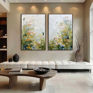 Meadow's Impressionist Wildflower Meadow <b>Painting</b> Diptych Oversized Hand Painted <b>Framed</b> Relief Abstract Home Hotel Wall Art - Product Image 3