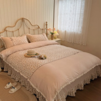 Ensemble de literie 100% coton 4 pièces, housse de couette à imprimé floral avec volants en dentelle, élégant, 200TC, broderie en pur coton