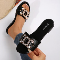 Damen Open-Toe PU-Sandalen mit Quadratschnalle, Slip-On Flache Sandalen für Sommer, Strand, Outdoor, Party, Dating, Alltag und Einkaufen