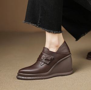 Pancake shaped bottom belt buckle one <b>heel</b> pointed-<b>toe</b> stylish all color leather shoes Mid Calf - Product Image 3