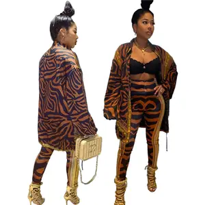 Setelan Jaket dan Celana Panjang Wanita, Set 2 Potong Jaket Lengan Panjang Motif Zebra Kasual Musim Gugur