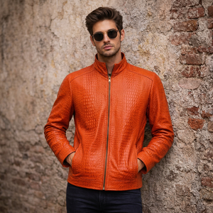Veste en cuir véritable pour homme, orange, effet croco, col montant, fermeture éclair sur le devant, coupe ajustée, style automne - Product Image 1