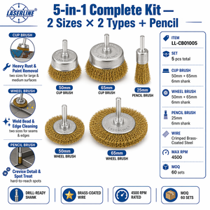 <span class=keywords><strong>LASERLINE</strong></span> Lot de 5 brosses métalliques en laiton serties, tige de 6 mm, roue en coupelle de 50/65 mm, brosse crayon de 25 mm, pour décapage de rouille et nettoyage de soudures - Product Image 1