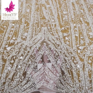 HY2080 tela de encaje de tul bordado elegante con cuentas blancas africanas malla austriaca de gama alta para vestido de fiesta de boda - Product Image 2