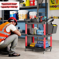 Chariot à outils mobile pliable à 3 niveaux, avec porte-gobelets amovibles, bacs latéraux, chariot utilitaire robuste en PP, capacité de 150 kg
