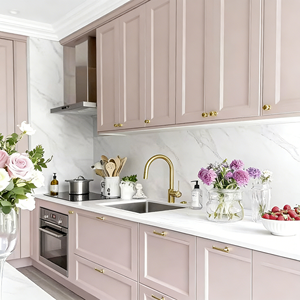 Gabinete de Cocina Minimalista Rosa Morandi Personalizado BALOM, Estilo Francés Ligero, Puerta Plana de Madera Compuesta Sólida, Gabinetes de Cocina - Product Image 5