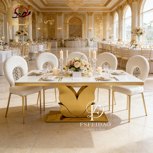 โต๊ะรับประทานอาหารสแตนเลสทรงสี่เหลี่ยมผืนผ้า ดีไซน์ทันสมัยไม่ซ้ำใคร ท็อปทำจาก MDF เหมาะสำหรับงานเลี้ยง งานแต่งงาน ใช้ในอพาร์ทเมนต์และโรงแรม - Product Image 4