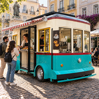 Chariot de nourriture mobile de style vintage personnalisé, kiosque à café et à crème glacée avec de grandes fenêtres en verre et auvent rétractable à vendre