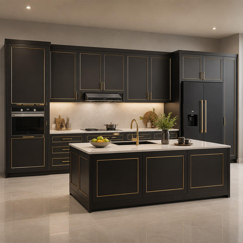 Luxury Black and Gold Kitchen Cabinets with Matte Black Doors and White ...