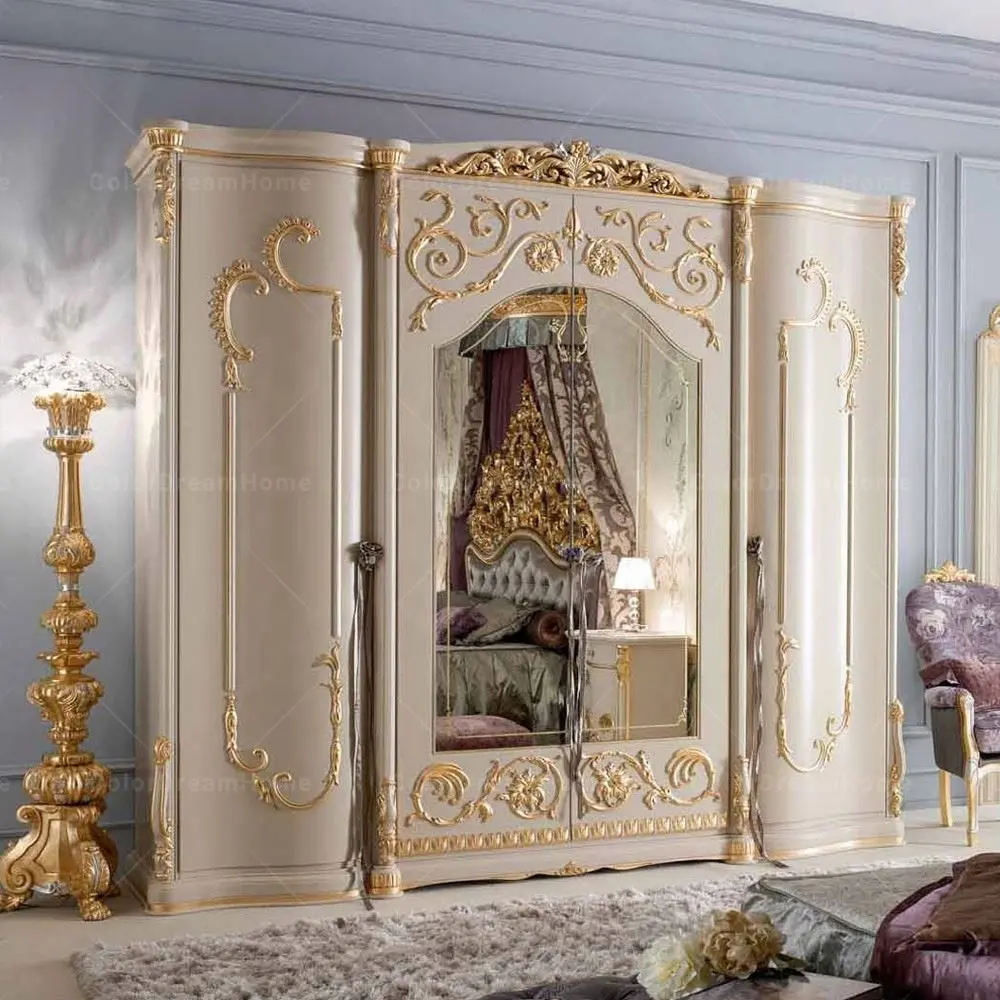 الفرنسية أثاث غرفة نوم الملكي الفاخرة الذهبي اليدوية خشب متين منحوتة 4-باب خزانة ملابس مع مرآة