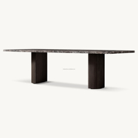 Table à manger rectangulaire en marbre Emperador de qualité supérieure, style moderne minimaliste, avec double piétement arrondi, table de banquet artisanale pour villa