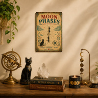 Plaque Métallique Murale Vintage avec Phases Lunaires, Chat Noir Magique et Citation Céleste, Style Rétro Sorcière Bohème, Décoration Murale Artistique pour la Maison