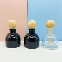 Flacon avec bougie en verre, diffuseur d'aromathérapie, de couleur noire transparente, forme ronde, avec bâton en bois, 50ml, 50 pièces