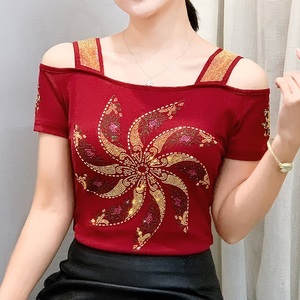 Shiny <strong>Rhinestone</strong> Off Shoulder <strong>Tops</strong> Windmill Pattern <strong>Mesh</strong> Tee <strong>Tops</strong> Nightclub Short Sleeve Shirts for Women - Product Image 1
