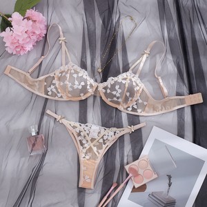 Ensemble de lingerie sexy transfrontalier européen et américain avec broderie en forme de cœur en maille, soutien-gorge push-up à armatures, pur et élégant. - Product Image 1