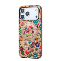 Étui de téléphone magnétique vintage en liège à motif floral coloré avec béquille rotative compatible avec les séries Apple 18/17/16/15/14