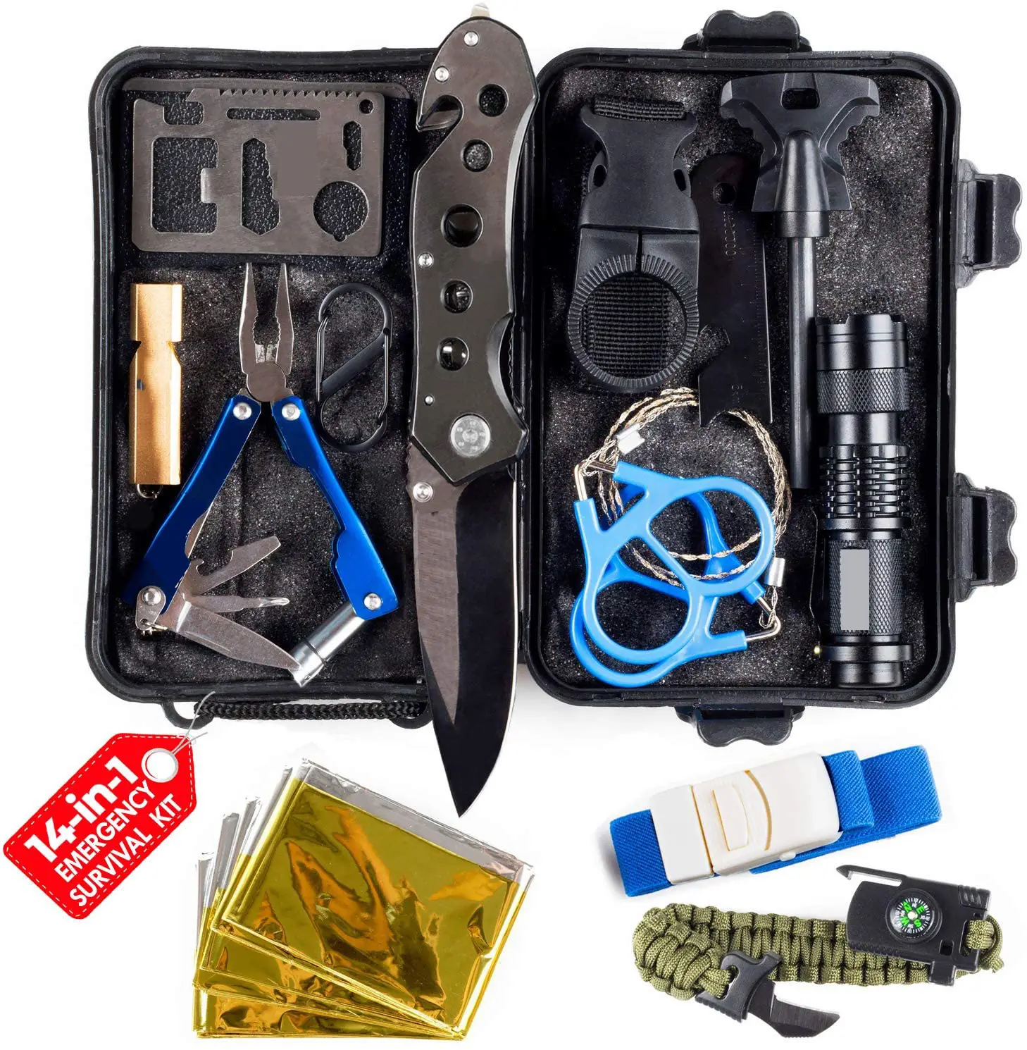 Survival Kit Tactical Camping Gear 14 in 1 Backpack Hiking Outdoor Gifts for Men and Women - SOS Car Emergency EDC Tools