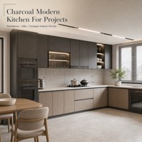 Meubles de cuisine modernes en L sans poignées, couleur charbon, avec meuble haut pour appareils, fenêtre murale, évier, solution ignifuge pour projets