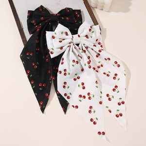 New Girls Elegant Oversized <b>Bow</b> Long Ribbon Fabric Alloy Hair <b>Clip</b> Sweet Handmade Cherry Print Spring Wedding Hair Accessory - Product Image 2