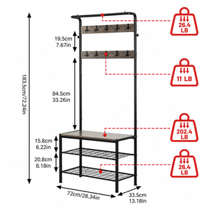 Industrial Hall Tree <b>Coat</b> <b>Rack</b> with Shoe Storage Bench 3-Tier Multifunctional Entryway Organizer Walnut Finish Steel Frame - Product Image 2