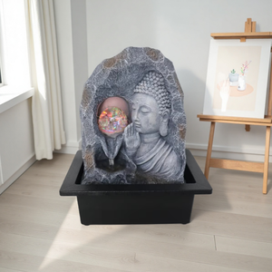 <span class=keywords><strong>Fontaine</strong></span> en résine sculptée en forme <span class=keywords><strong>de</strong></span> tête <span class=keywords><strong>de</strong></span> <span class=keywords><strong>Bouddha</strong></span> Lotus avec jardin zen flottant, élément d'eau pour l'aménagement paysager extérieur, Feng Shui et décoration contemporaine - Product Image 5