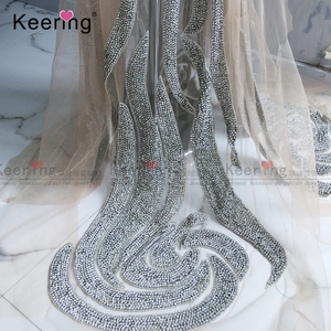Chất Lượng Cao Dài Ren Váy Rhinestone Vải Với Bạc Khỏa Thân Lưới Pha Lê Vá Cho Đám Cưới WDP-104 - Product Image 4