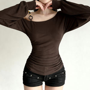 T-shirt à manches longues à une épaule pour femme, style vintage américain, manches lanternes à perles, taille cintrée, épaules dénudées - Product Image 4