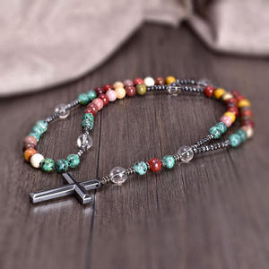 Colgante de Cruz de hematita, joyería religiosa cristiana, rosarios de mezcla de piedra Natural, collar de Rosario de 5 décadas para hombre y mujer, regalo - Product Image 3