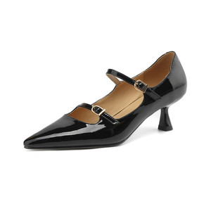 Zapatos de Tacón Alto con Doble Correa y Punta Puntiaguda, Zapatos Mary Jane Formales para Mujer, Verano Otoño, Aumento de Altura, Hebilla de Cuero Genuino, 5.5 cm - Product Image 4