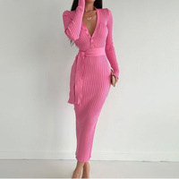 MOTE-ACE0056 nouvelle mode col en v tricoté femmes moulante taille hiver chaud Maxi robe de haute qualité