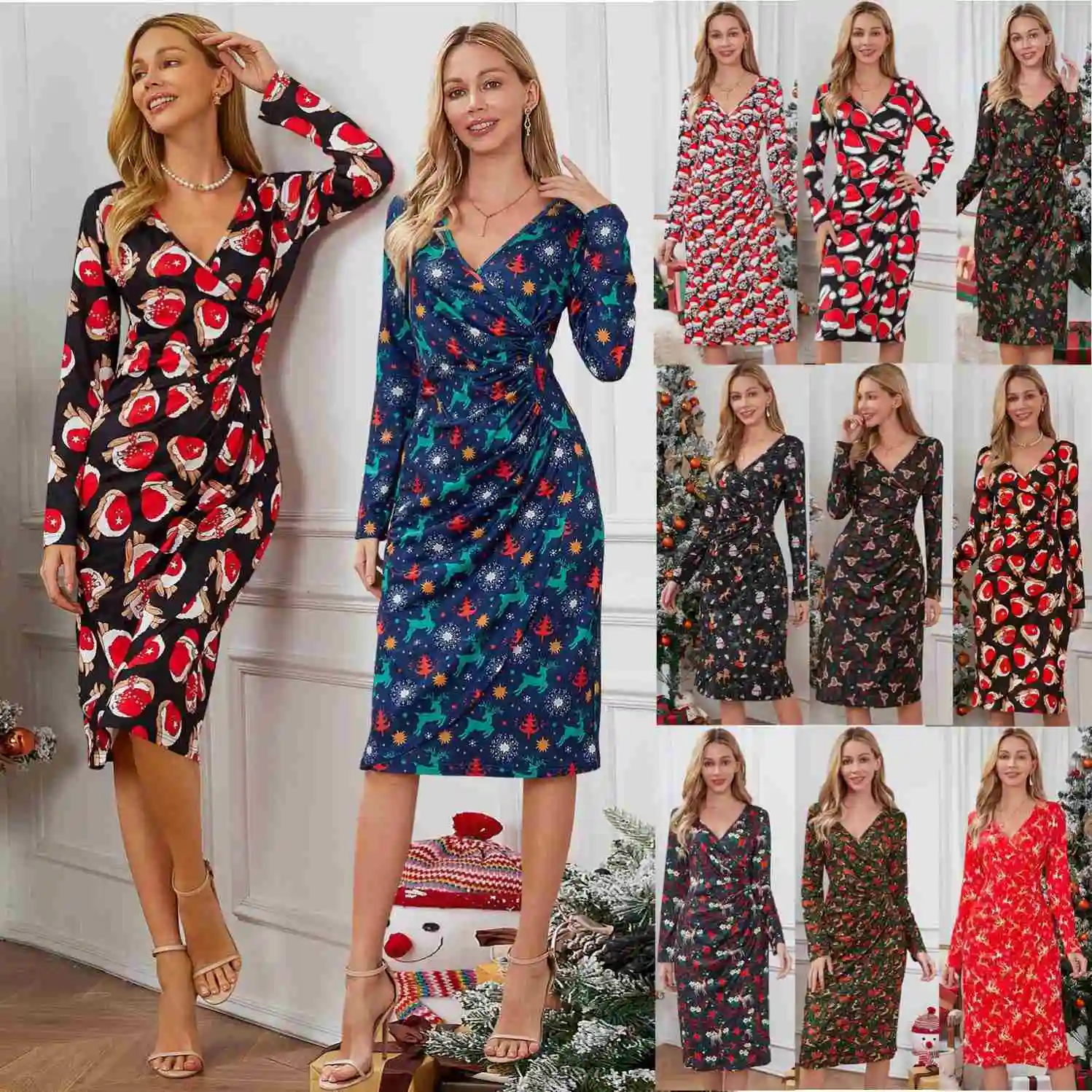 Individuelle Kleidung Hersteller Weihnachtsdruckkleid V-Ausschnitt schlank kleid Herbst und Winter Damen Übergröße