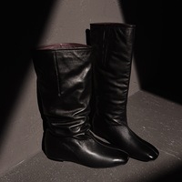 Bottes hautes en cuir verni souples à bout carré et talon compensé bas, style décontracté