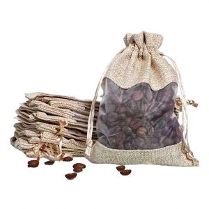 Eco-Friendly Custom Hemp Burlap <b>Drawstring</b> Gift Bags with Sheer Window for Jewelry and Gifts - Product Image 1
