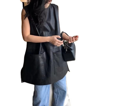 3508-1 Fashion Women Long Vest Dress Wholesale Solid Color Large Pocket Causal Sleeveless Leather Dress