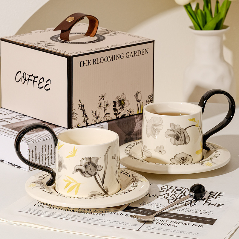 Retro Flower Big Ear Ceramic Coffee Cup and Saucer Set Light Luxury Gift  Water Cup| Alibaba.com